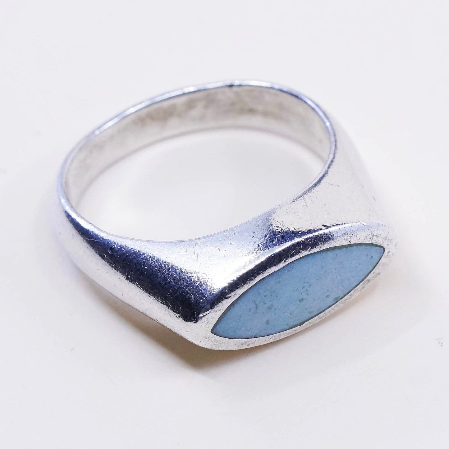 sz 9.25, vtg Sterling silver handmade ring, modern 925 band w/ turquoise