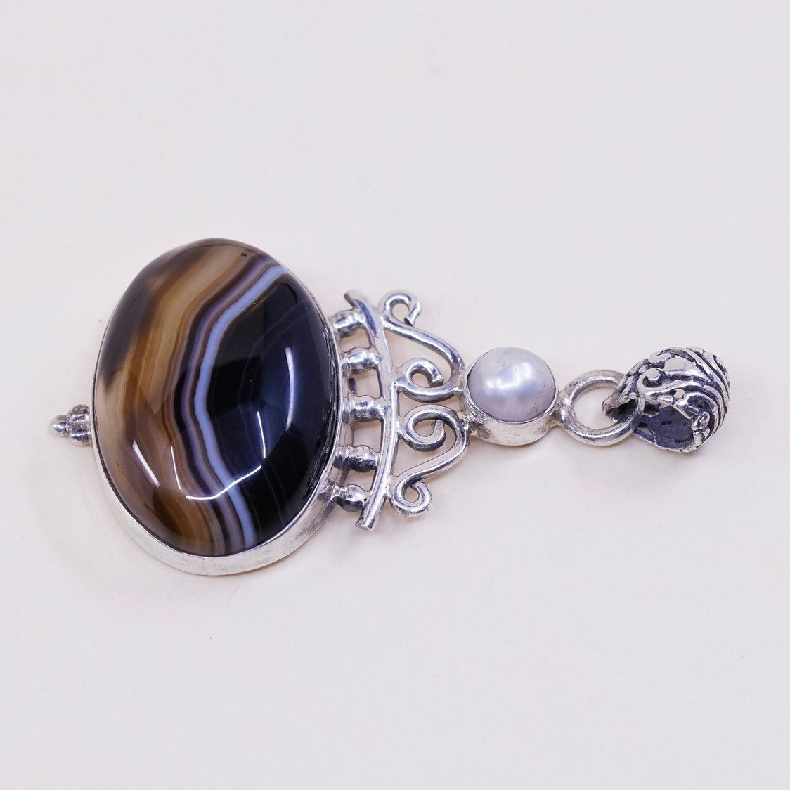 vtg sterling silver handmade pendant, solid 925 with agate and pearl