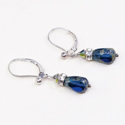 Vtg Sterling Silver Handmade Earrings W/ Blue Glass, 925 Hooks W/ Teardrop