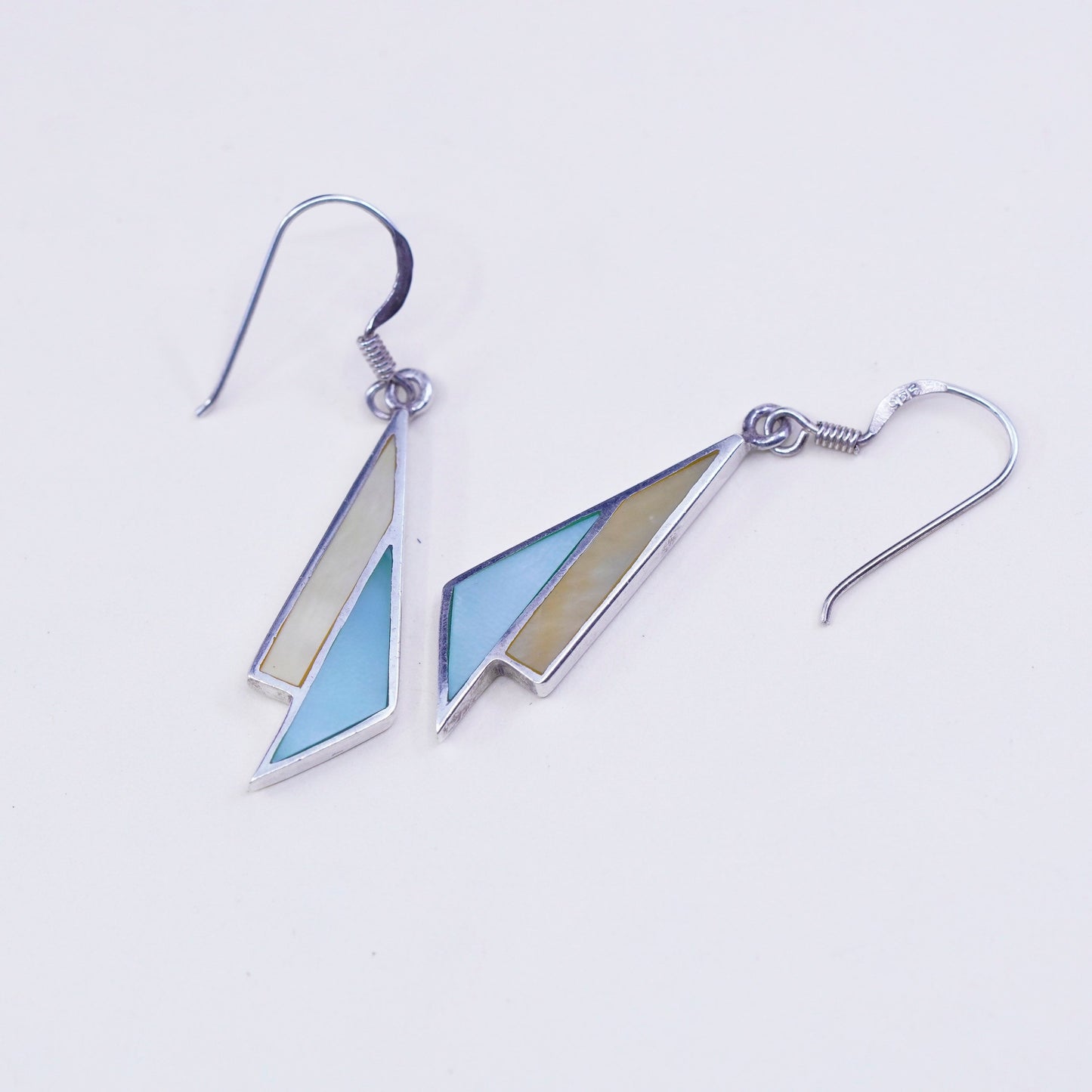 Vintage sterling 925 silver handmade earrings with triangular mother of pearl