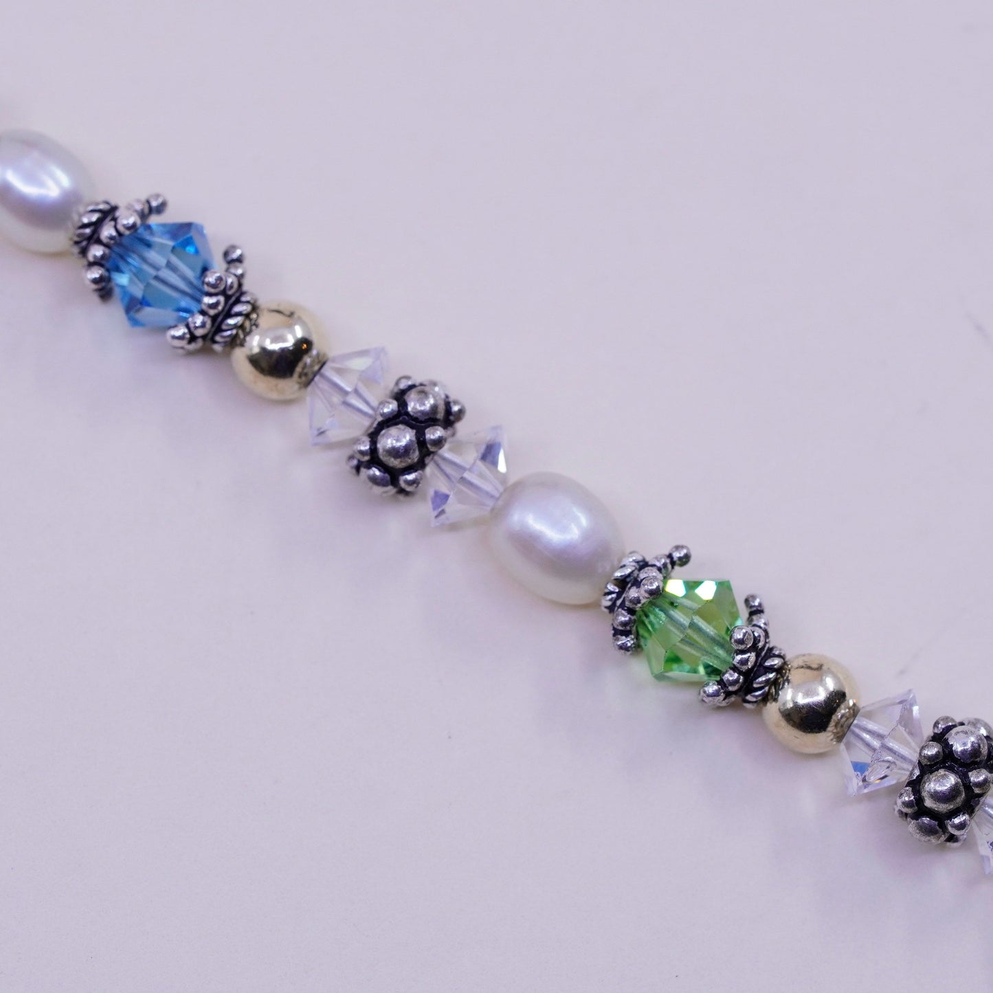 6.75”, Vintage handmade bracelet, pearl crystal with 14K gold beads