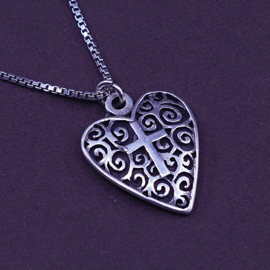 18”, VTG BSD Bob Siemon Sterling 925 Silver chain necklace heart cross pendant