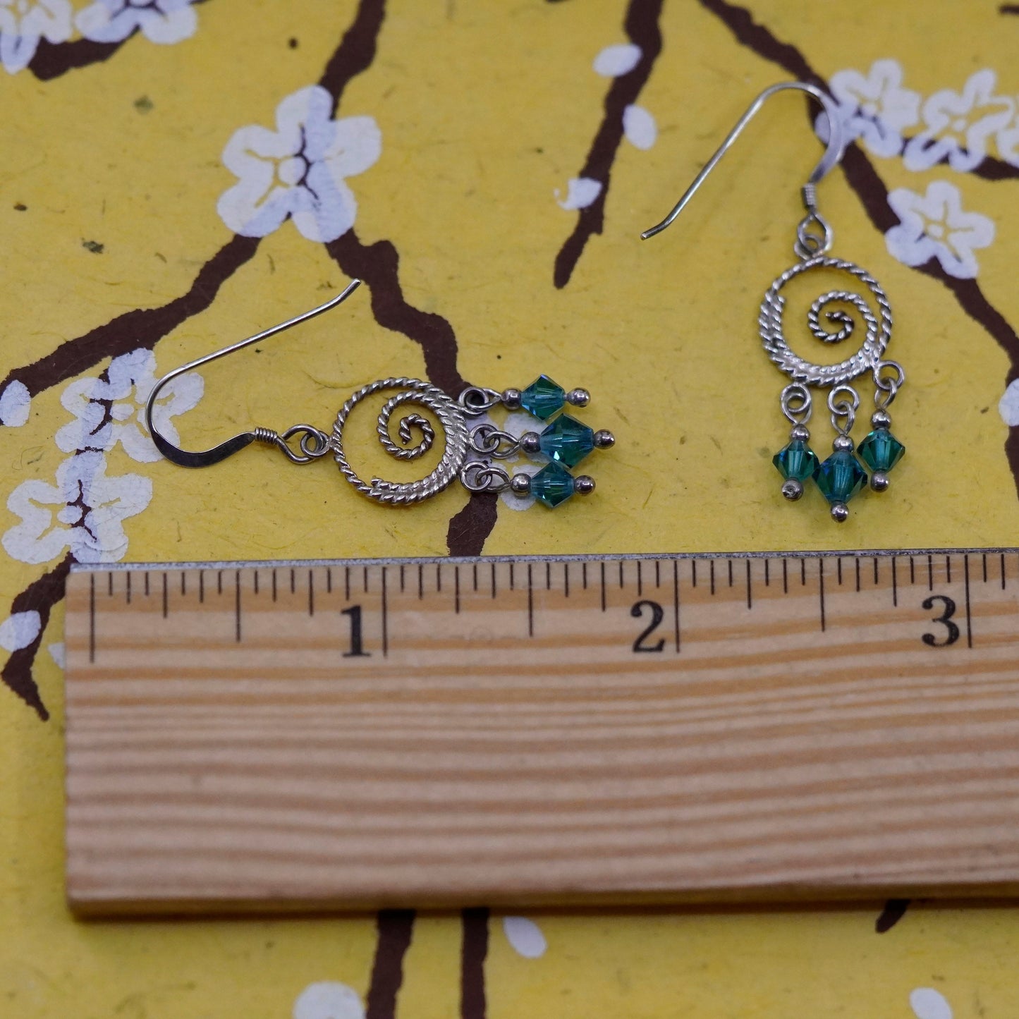 Vintage Sterling silver Handmade earrings, swirly dangle w/ blue crystal drops