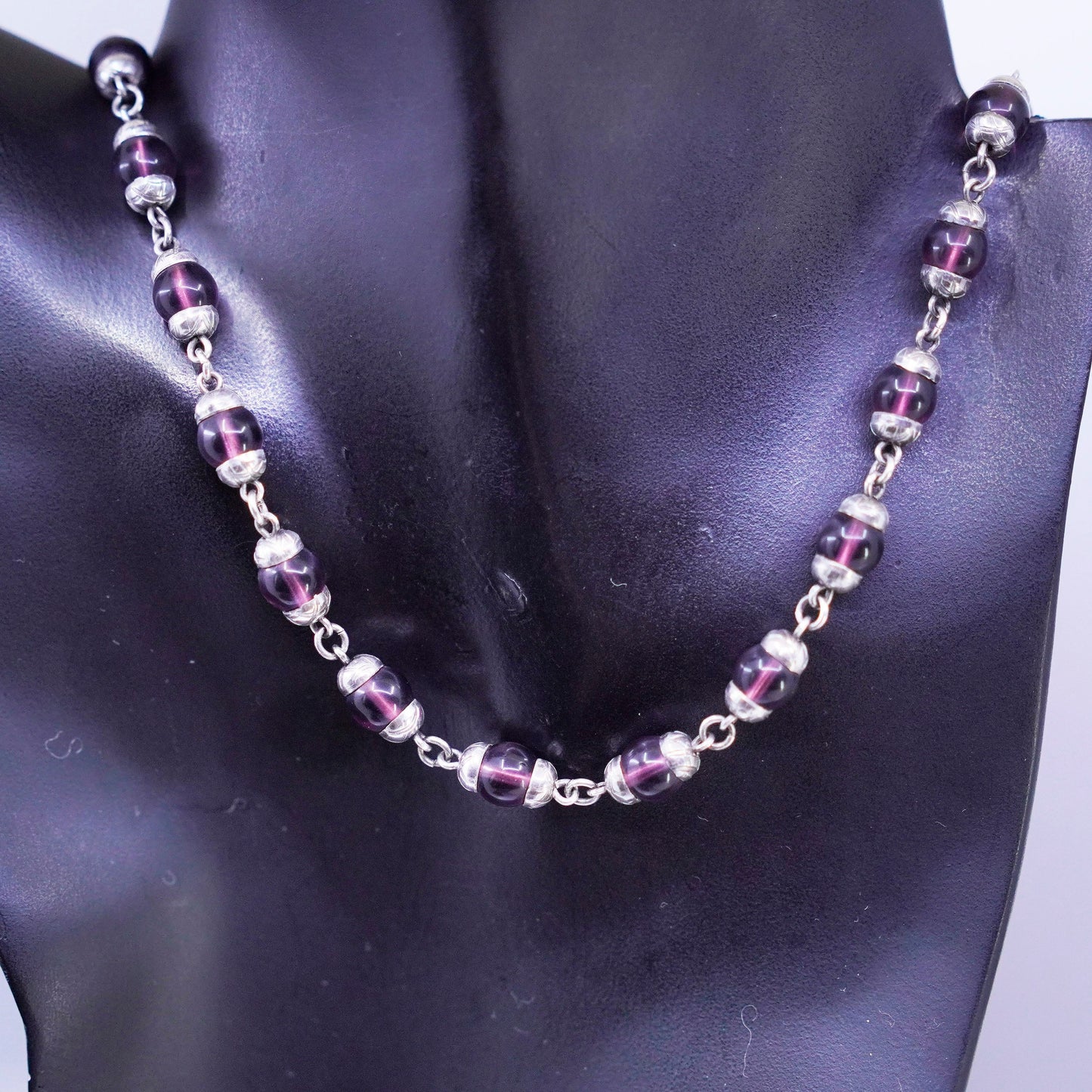 20”, vintage Mexico Sterling 925 silver handmade necklace w/ purple glass beads