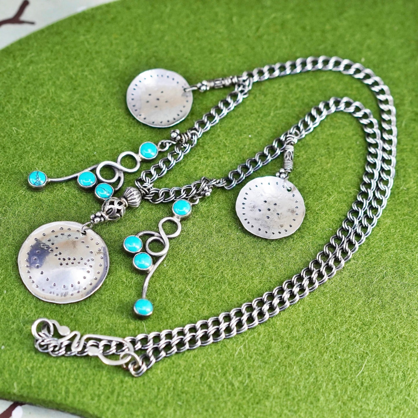 20”, Sterling 925 silver necklace, double curb chain with turquoise and discs