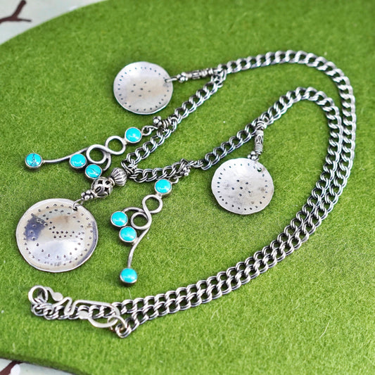 20”, Sterling 925 silver necklace, double curb chain with turquoise and discs