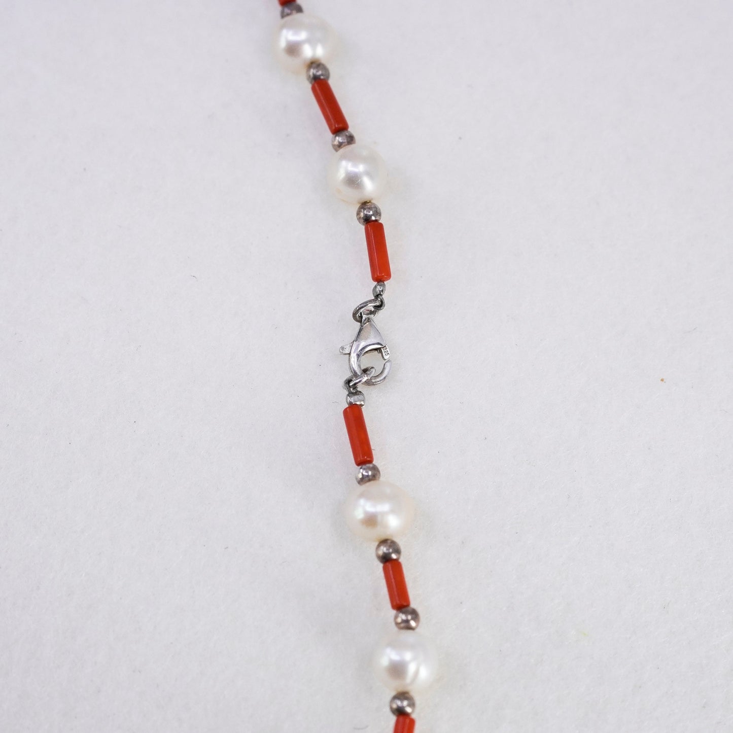 16”, vtg southwestern Sterling 925 silver handmade necklace pearl coral tubes