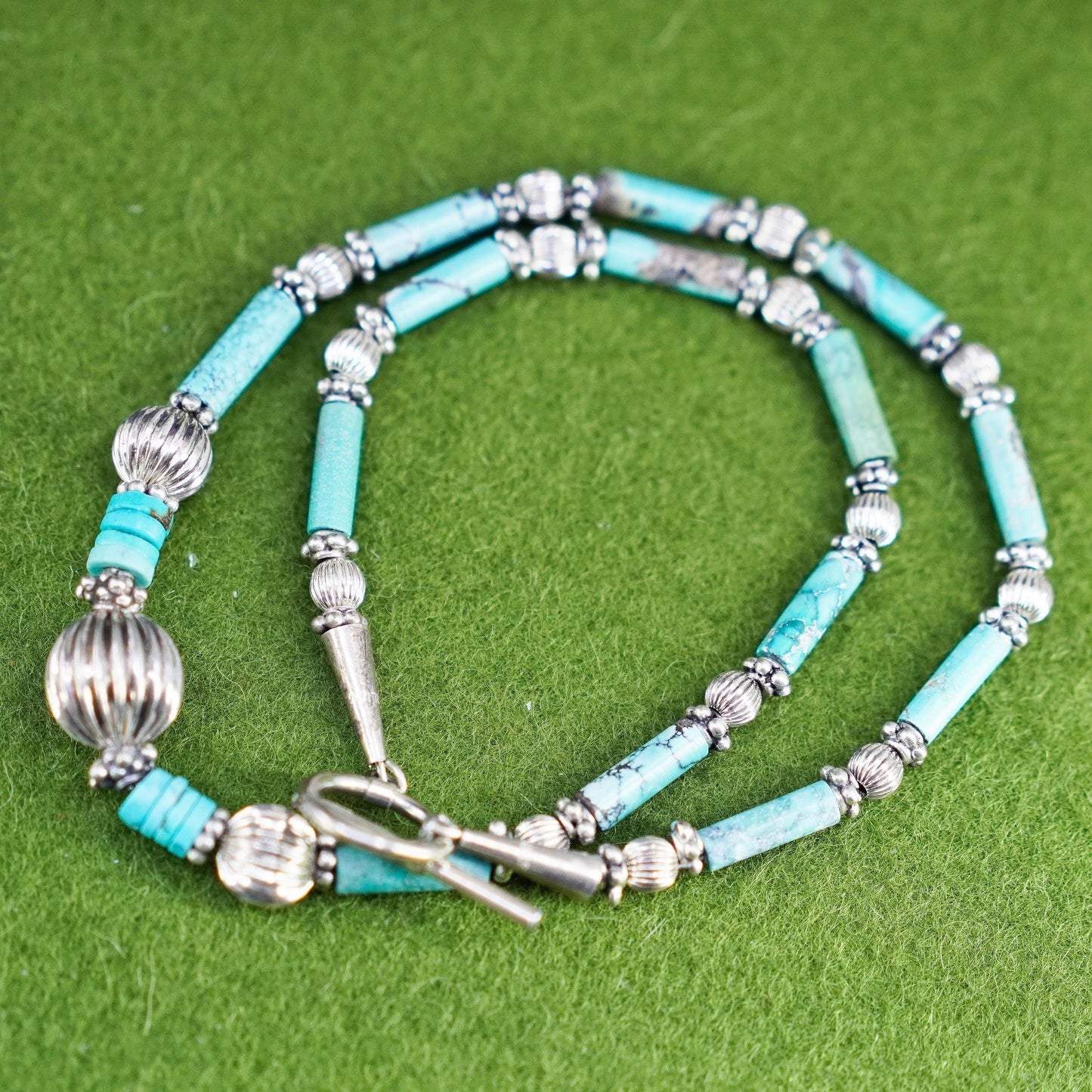 18”, Native American Navajo Sterling necklace, 925 silver beads turquoise tubes