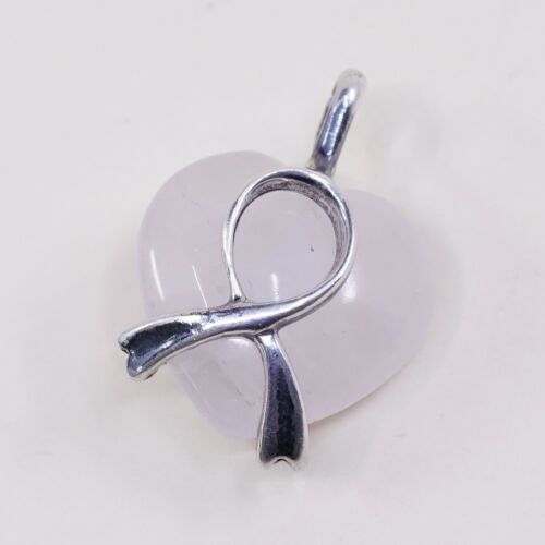 Vtg Sterling 925 Silver Pendant W/ Heart Pink Quartz N Breast Cancer Ribbon