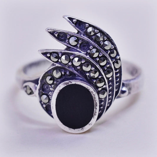 Size 6, Vintage sterling 925 silver handmade ring with obsidian and Marcasite