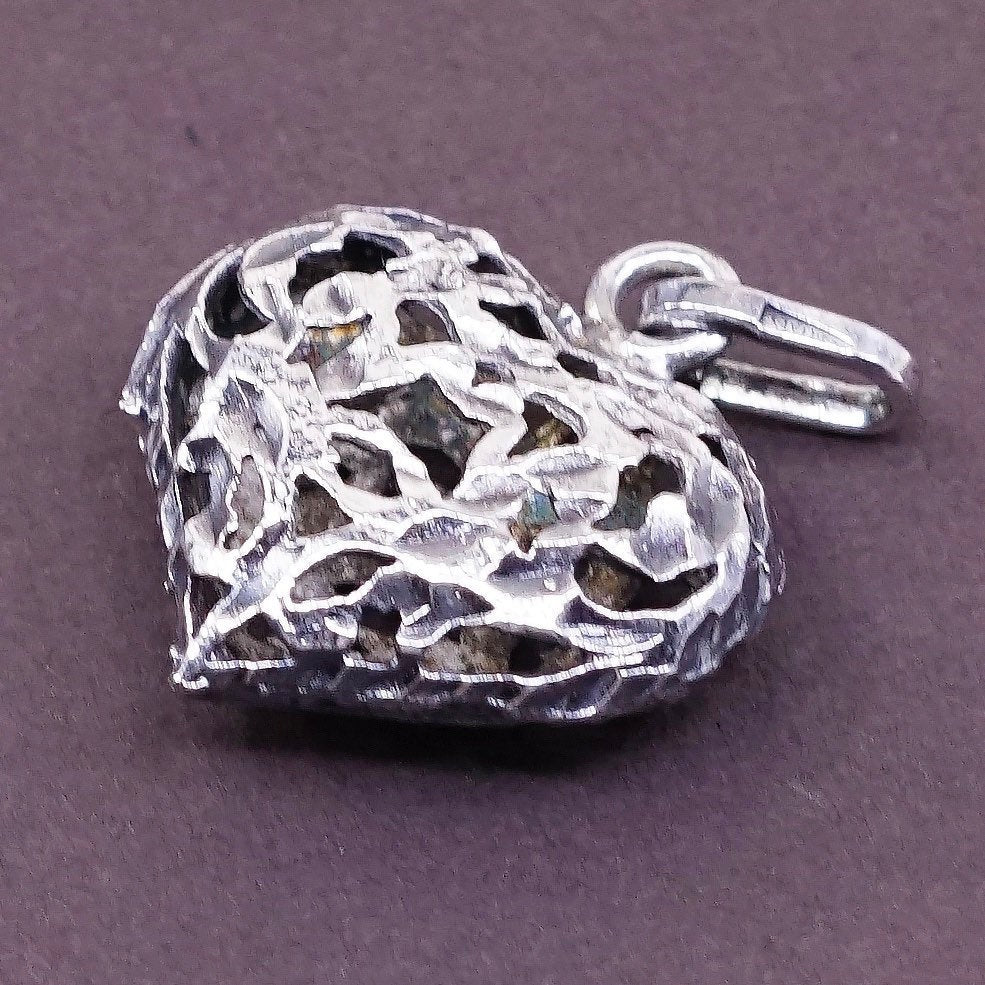 VTG Sterling silver handmade pendant, 925 silver filigree puffy heart pendant