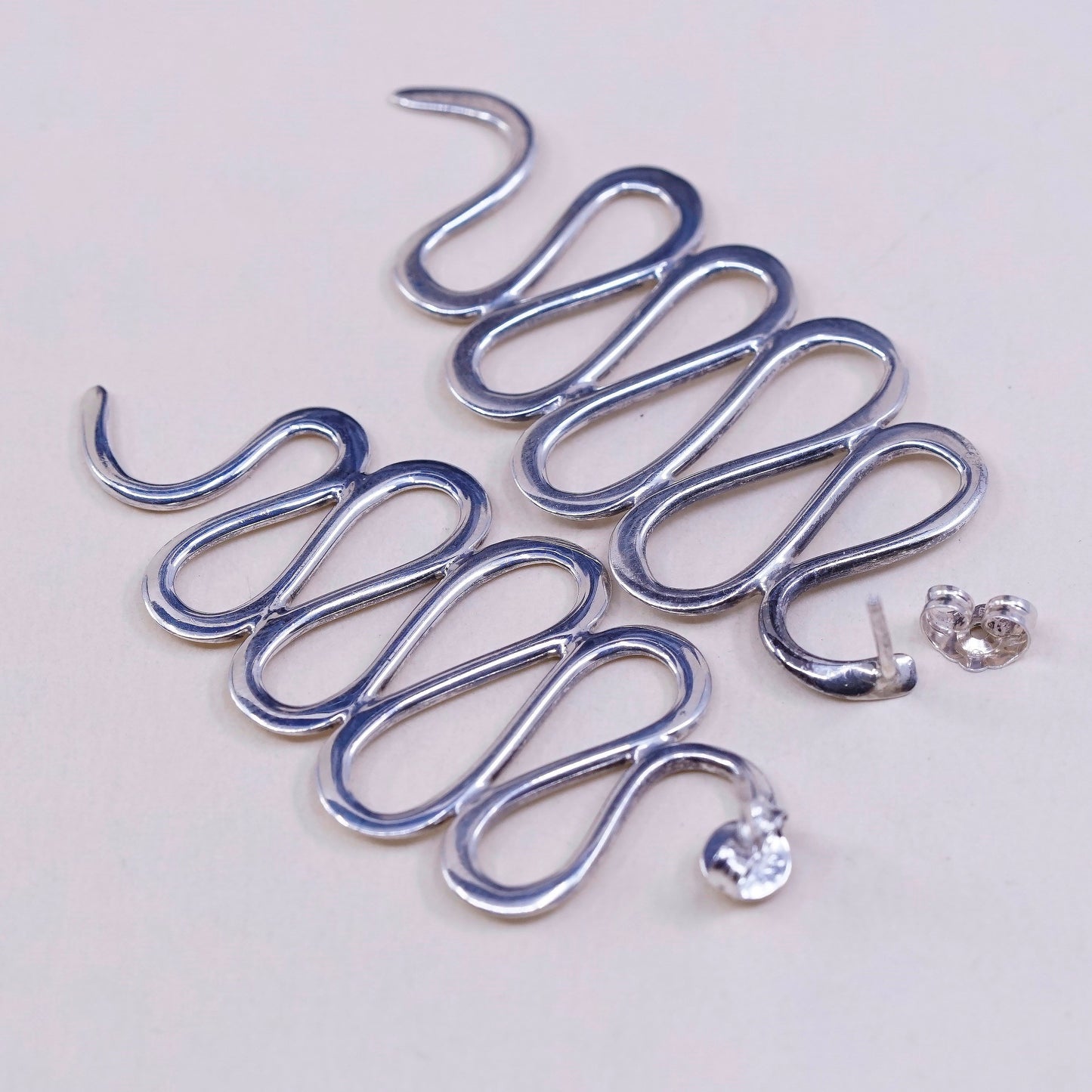 vtg sterling silver handmade earrings, 925 modern wavy drops, silver tested