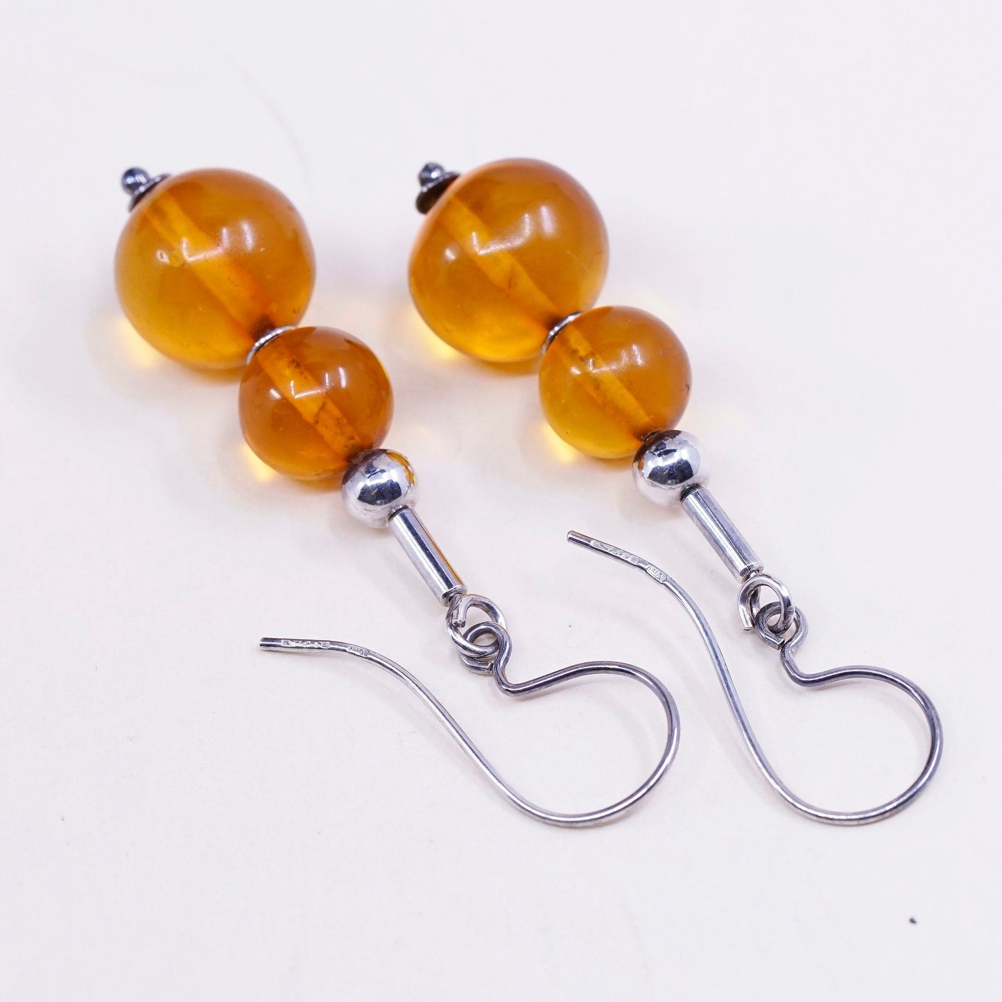 Vintage Sterling 925 silver handmade earrings with amber bead, stamped 925