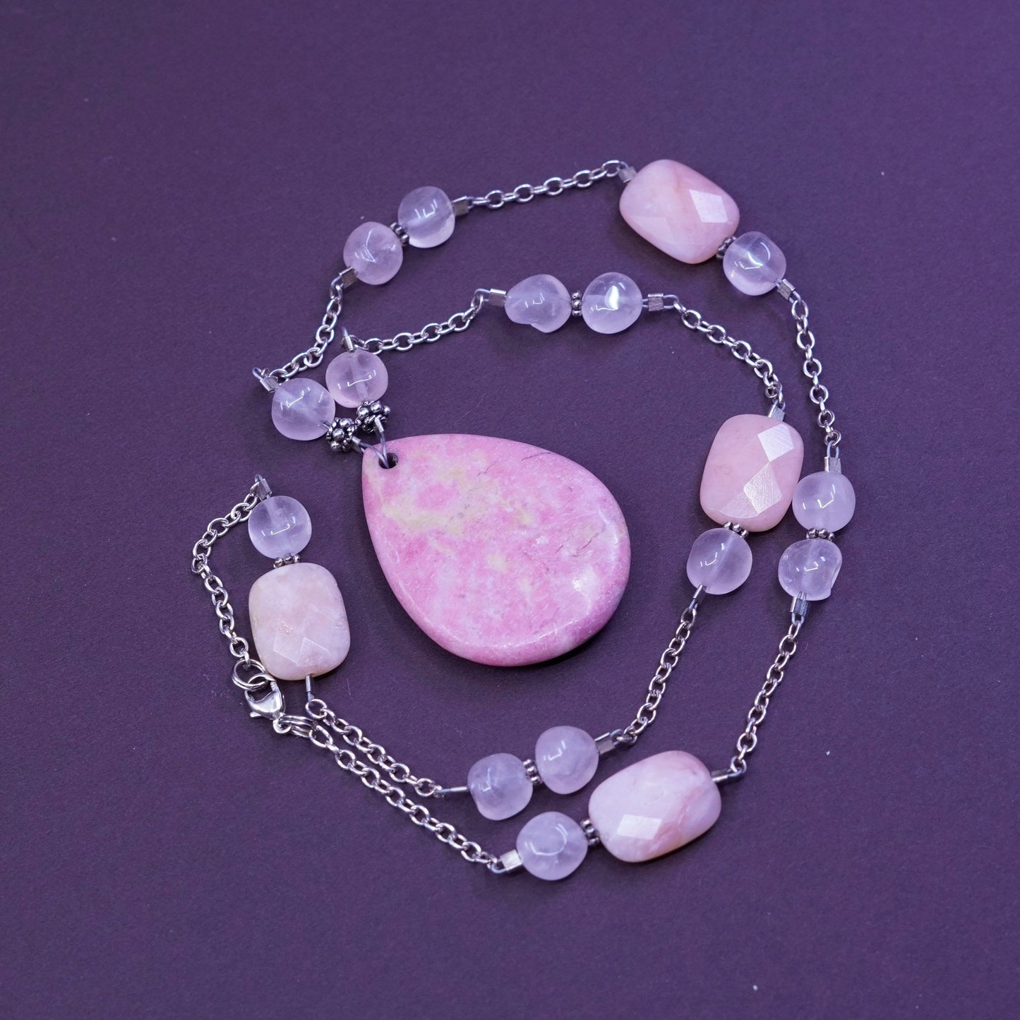 20”, sterling silver necklace, 925 circle chain teardrop rose quartz pendant