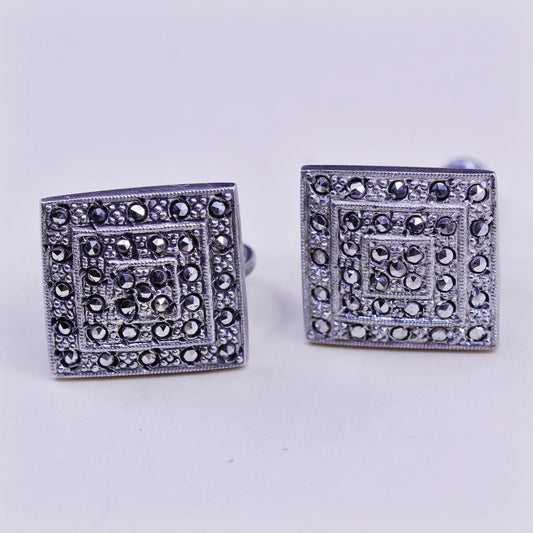 Vintage Sterling silver handmade earrings, 925 screw back square with Marcasite