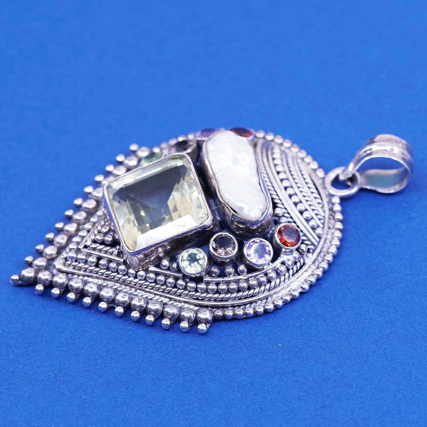 Sterling 925 silver handmade pendant Bali teardrop pearl citrine peridot N ruby