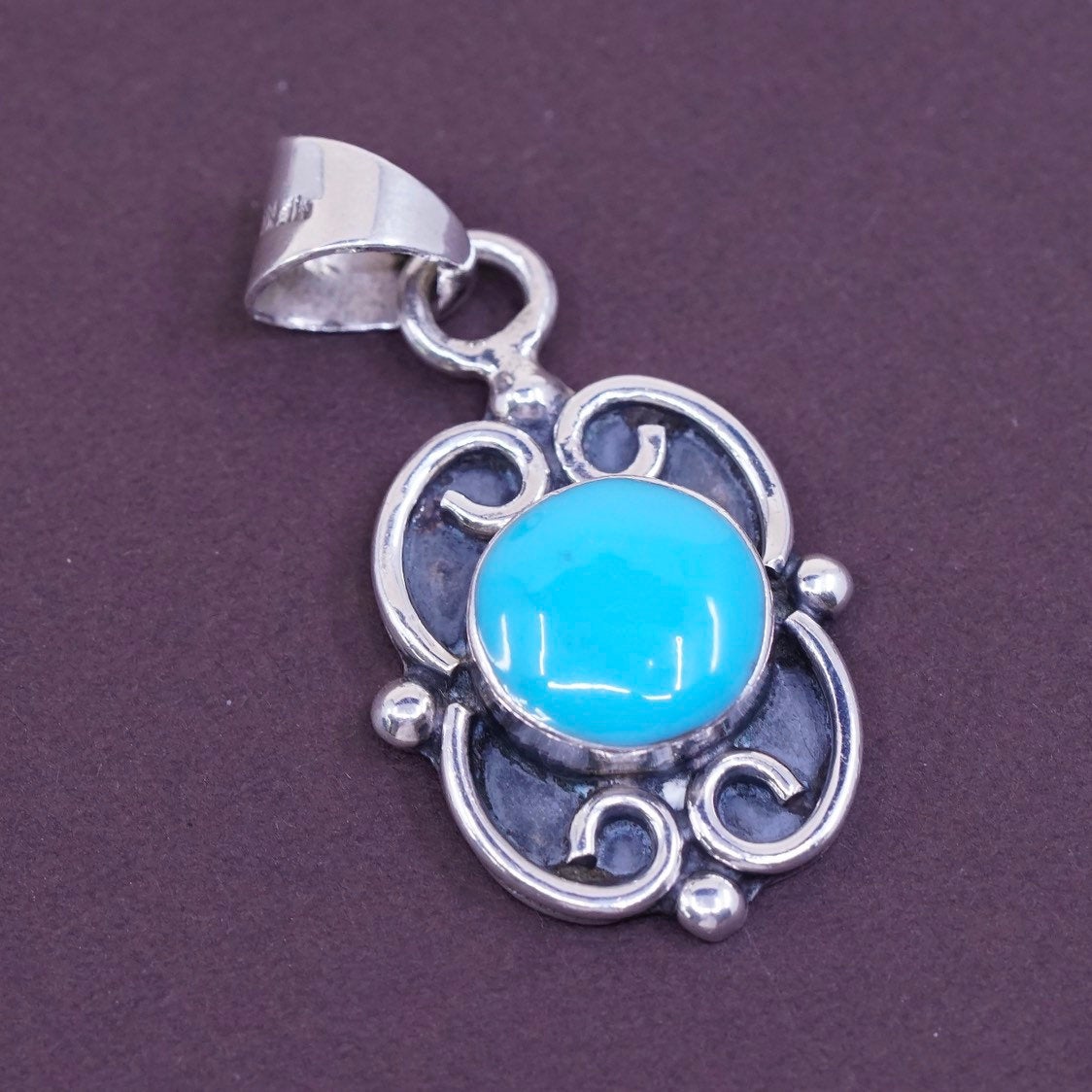 vtg Sterling silver handmade pendant, 925 swirl turquoise