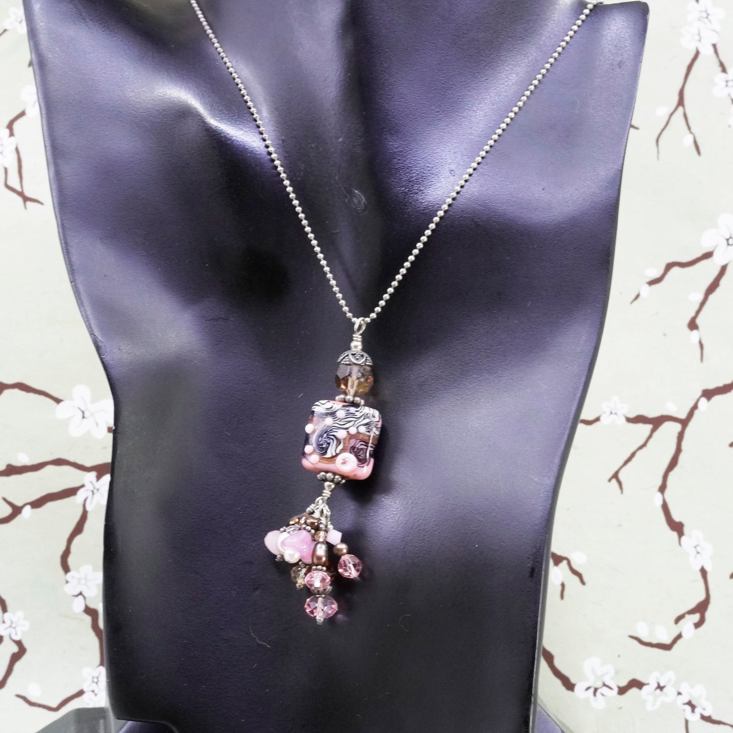 16+2”, sterling silver necklace, 925 bead chain with pink foiled glass Pendant