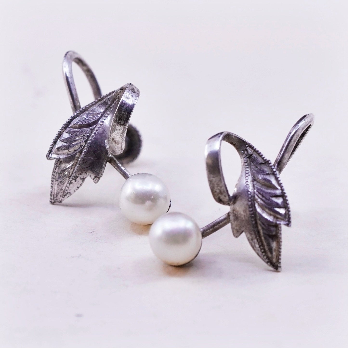 Vintage Sterling silver handmade earrings, 925 screw back leaf with pearl