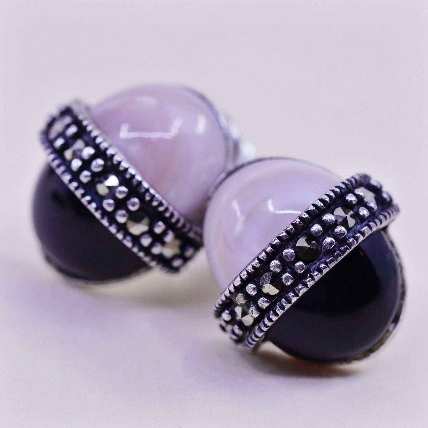 Vintage sterling silver earrings, 925 studs with agate obsidian and marcasite
