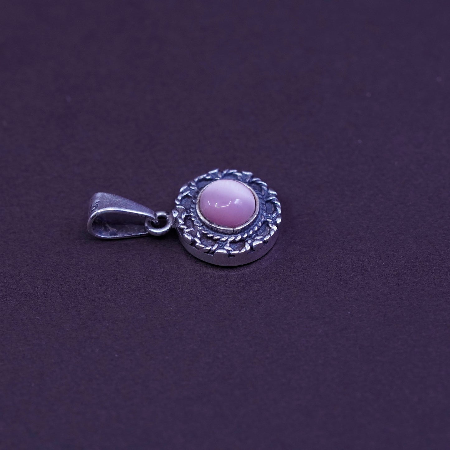 Vintage Sterling silver handmade pendant, Mexico 925 w/ pink cat’s eye pendant