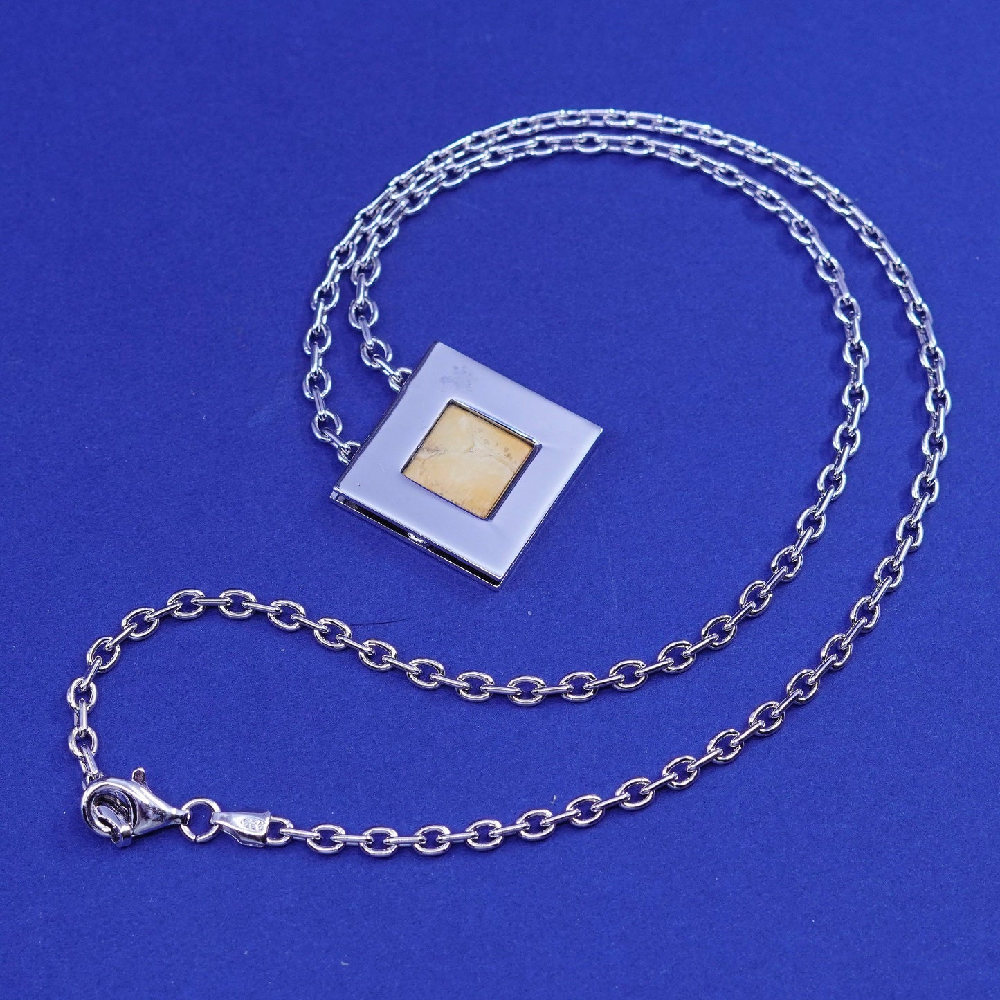 18”, Sterling silver necklace, 925 circle chain square pendant yellow leather