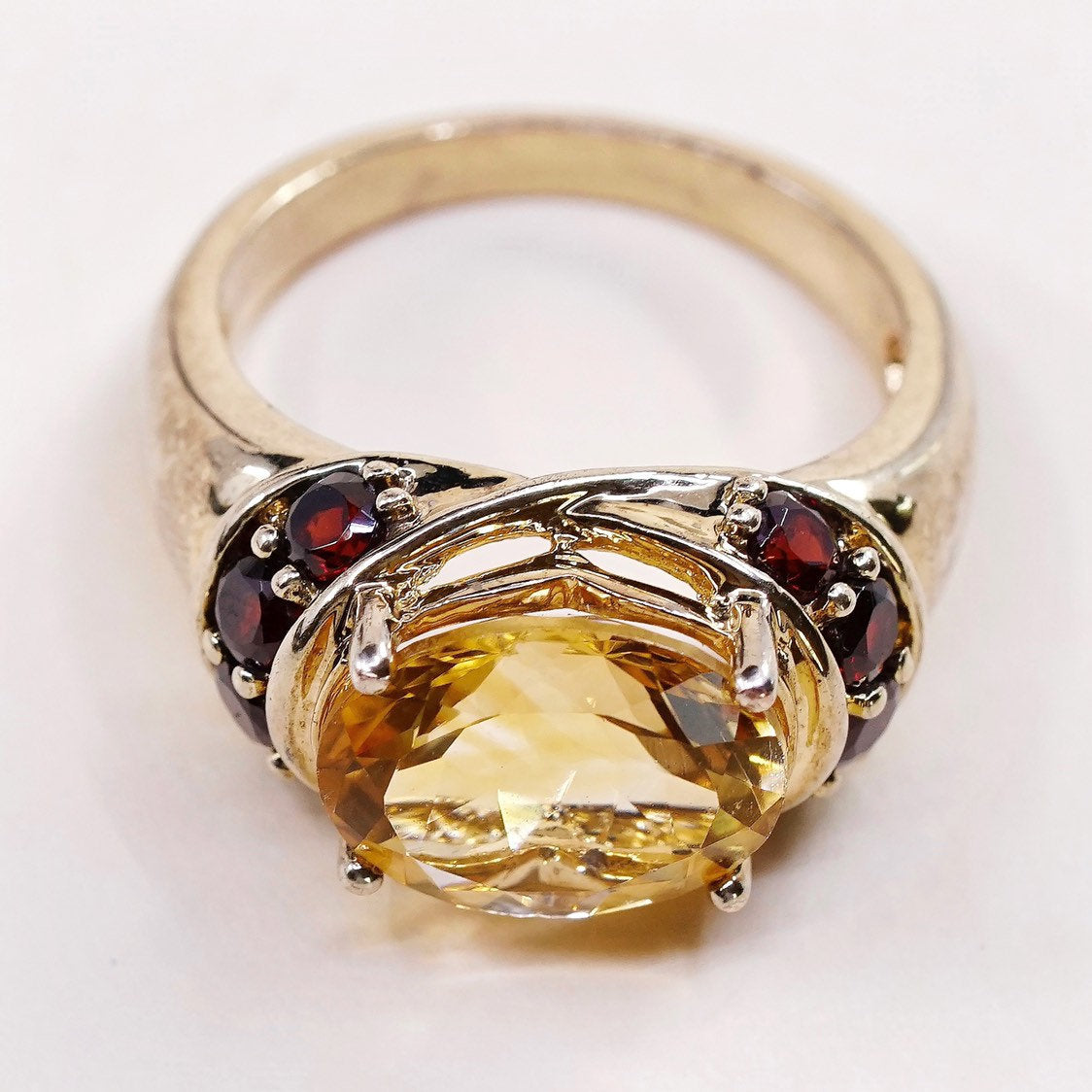 sz 7.25, Vermeil gold over sterling 925 silver citrine statement ring w/ ruby