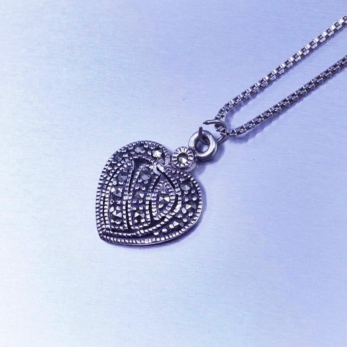 20”, Sterling 925 silver handmade box necklace with marcasite heart pendant