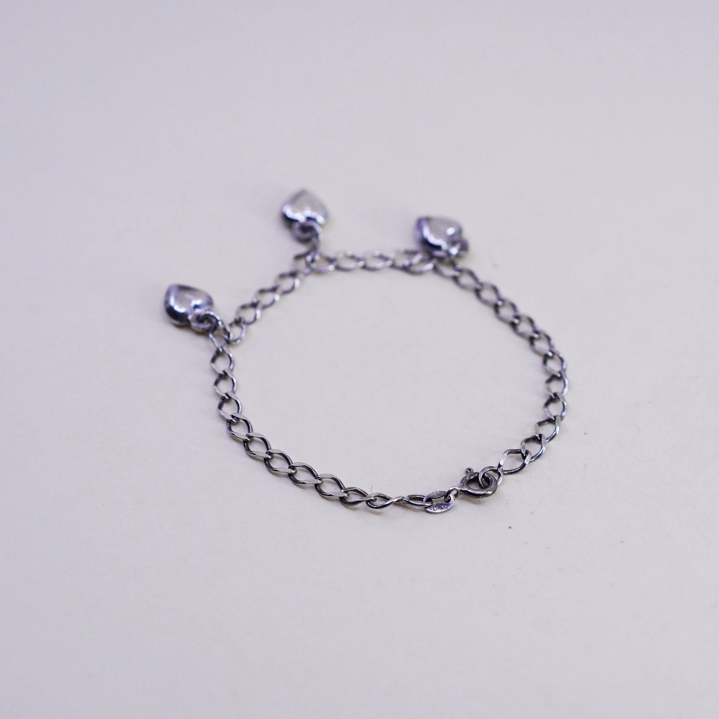 7”, 5mm, Vintage sterling silver curb bracelet, 925 chain with heart charms