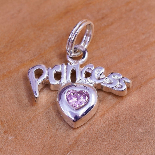 Vintage sterling silver handmade pendant, 925 princess charm heart pink crystal