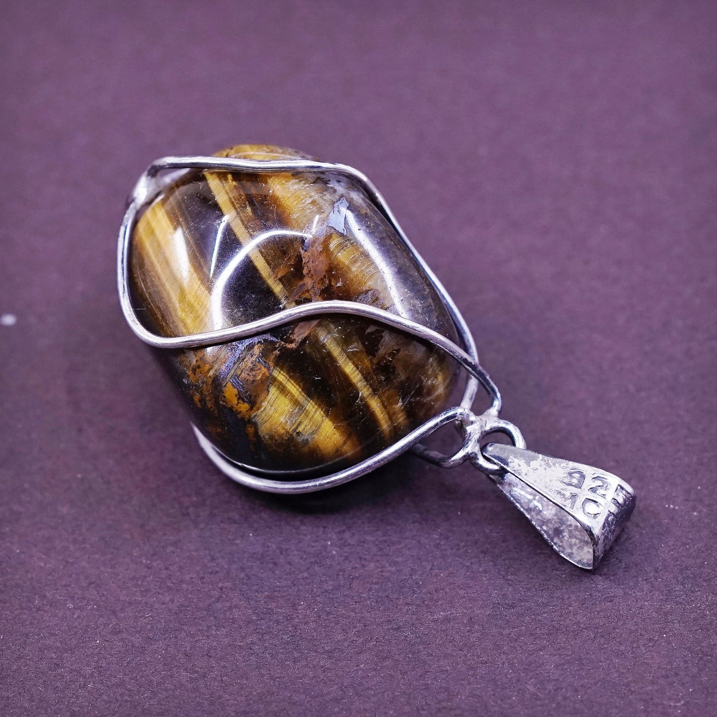 vtg Mexico Sterling 925 silver handmade pendant with golden tiger eye pendant