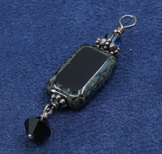 vtg Sterling silver handmade charm pendant, 925 w/ obsidian N beads