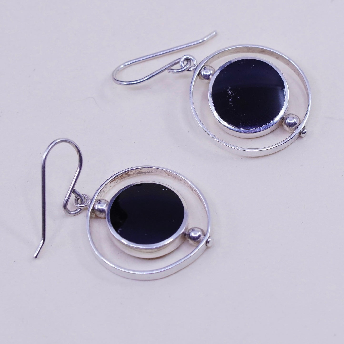 Vintage sterling silver handmade earrings, 925 circle spinner dangles obsidian