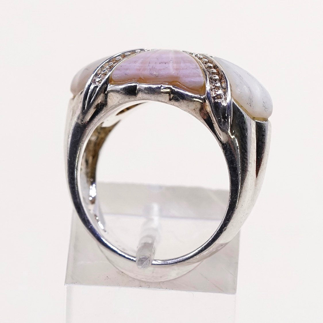 sz 6, vtg sterling silver handmade ring, 925 w/ mother of pearl n beads