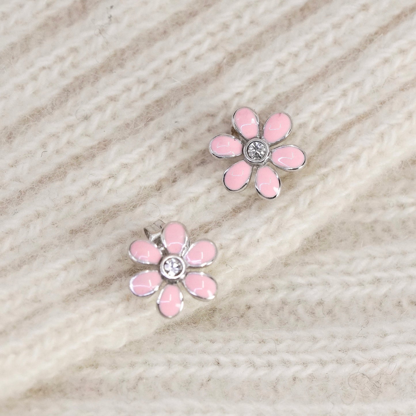 Vintage sterling 925 silver pink enamel plumeria flower studs with clear cz