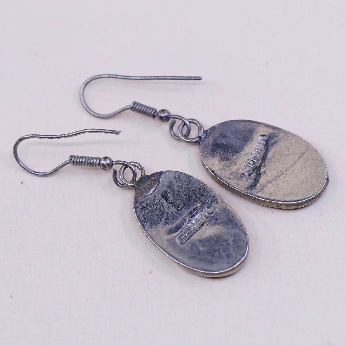 vtg sterling silver handmade oval earrings, Mexico 925 with abalone