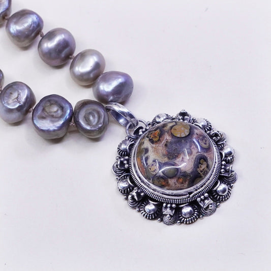 14”, handmade gray pearl beads necklace sterling 925 silver agate pendant