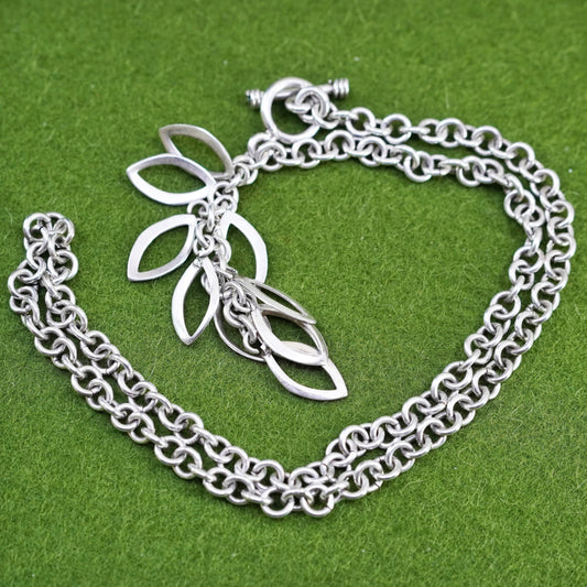 17”, sterling silver necklace, 925 handmade bold circle link chain leafy charms