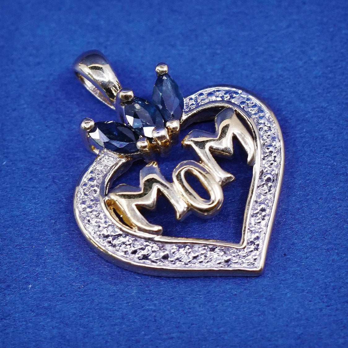 Vermeil gold Sterling silver handmade pendant 925 heart w/ mom sapphire diamond