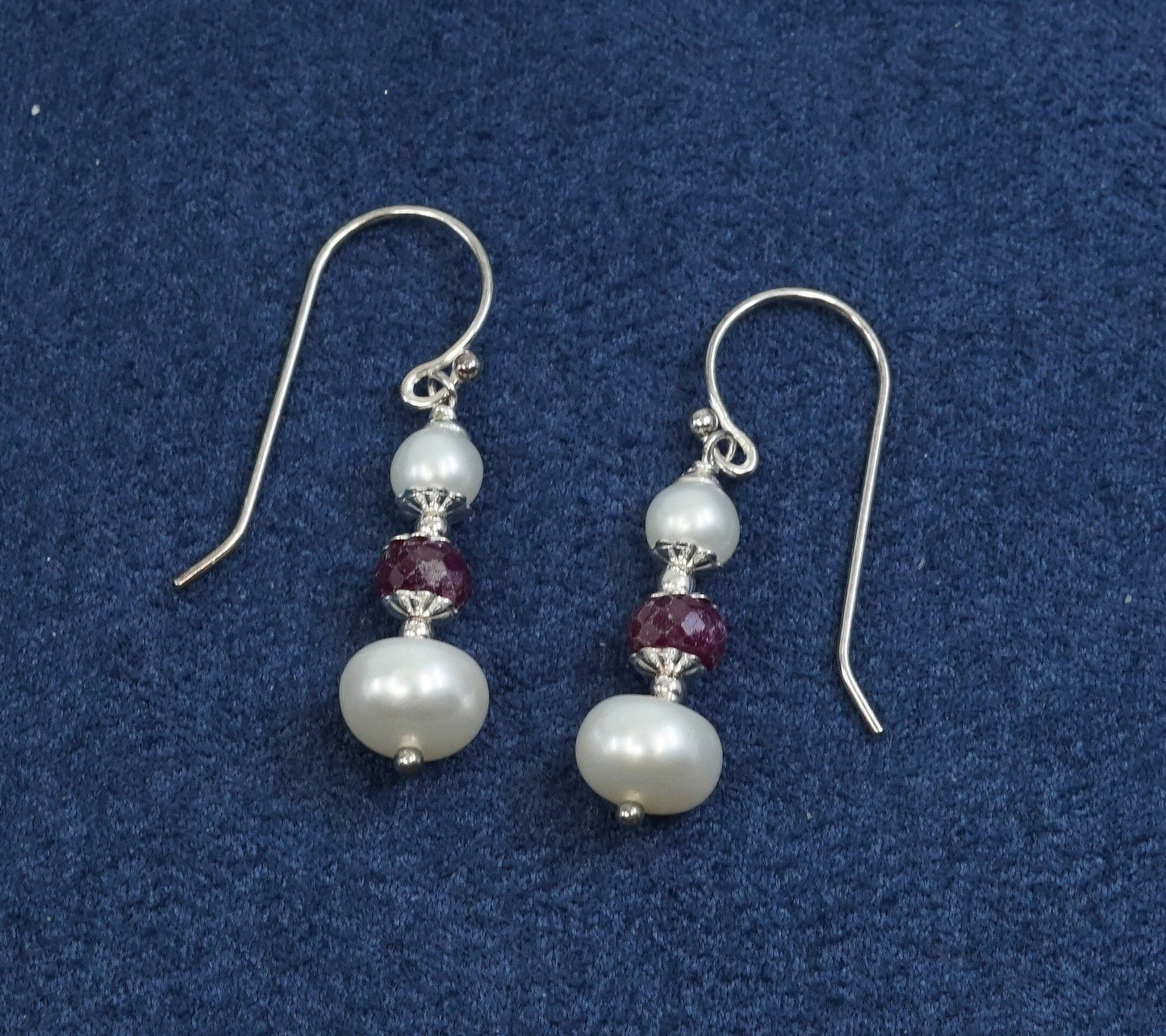 vtg Sterling silver handmade earrings, 925 w/ pearl N ruby crystal drops