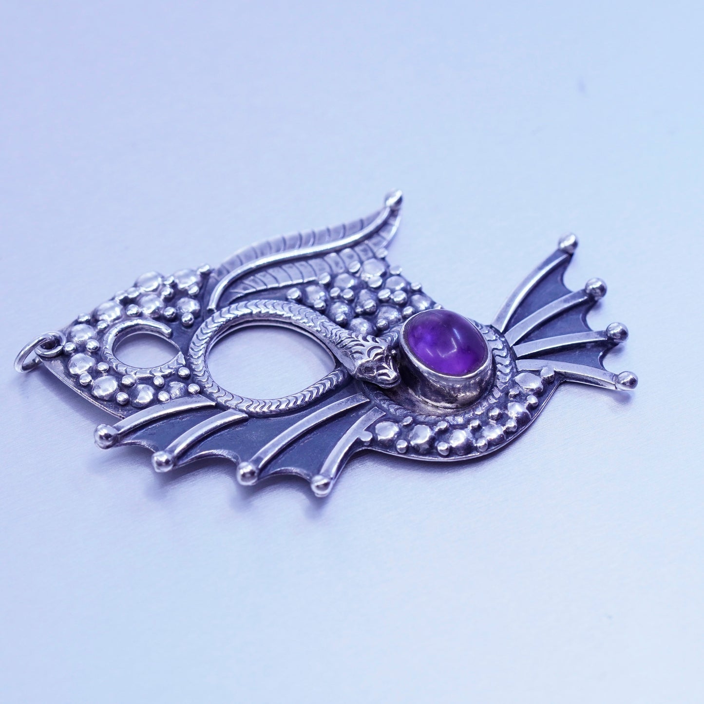 antique sterling 925 silver handmade charm fish pendant with snake and amethyst