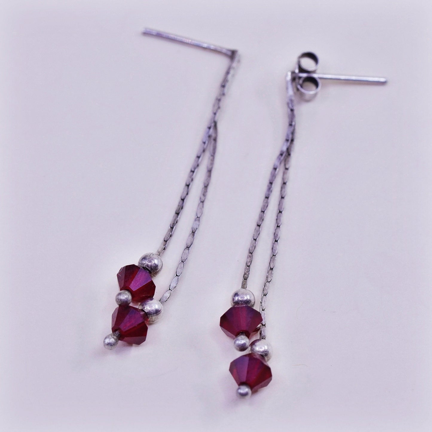 Vintage sterling silver handmade earrings, 925 fringe with ruby crystal beads