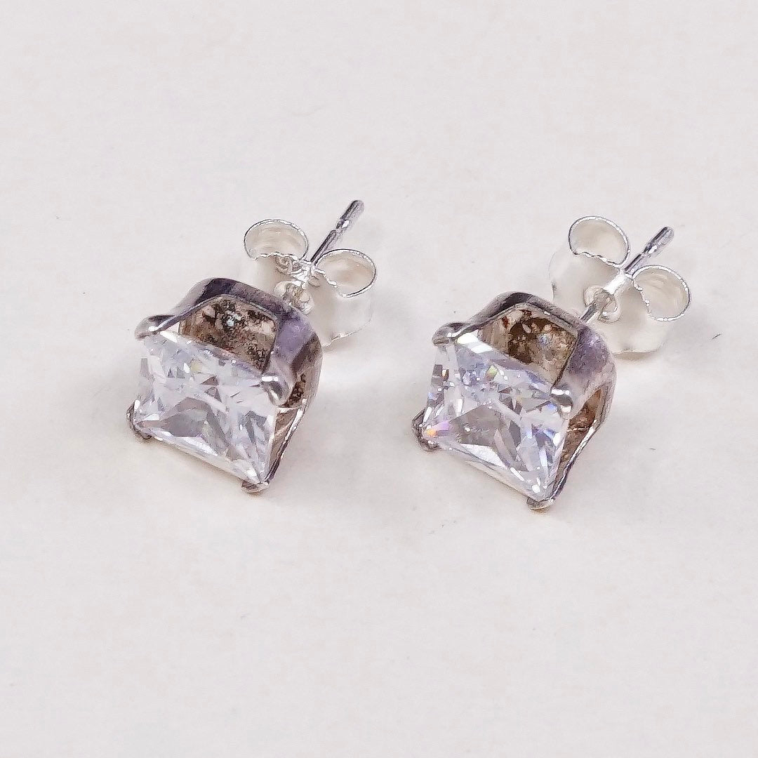 vtg sterling silver square clear CZ studs, fashion minimalist earrings