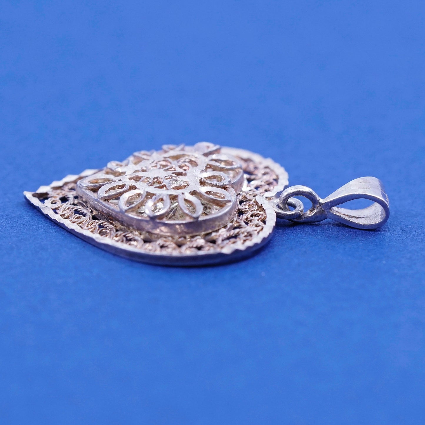 vtg Sterling silver handmade pendant, 925 puffy filigree heart