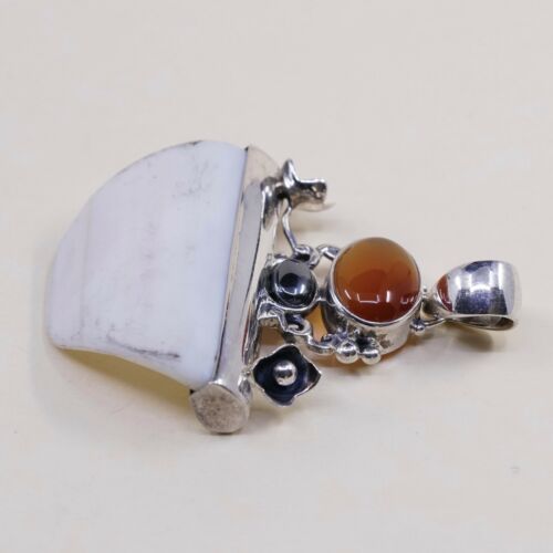 Vtg Sterling 925 Silver Handmade Pendant, mother Of Pearl (MOP) W/ Carnelian