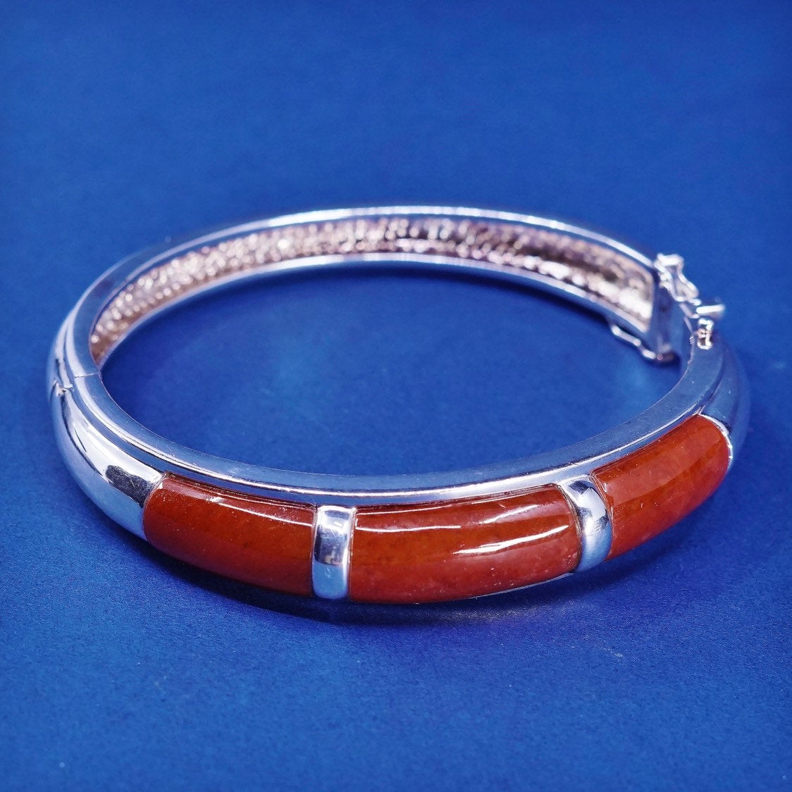 6.5", 1980s world wide import Sterling silver red jadeite bracelet, 925 bangle