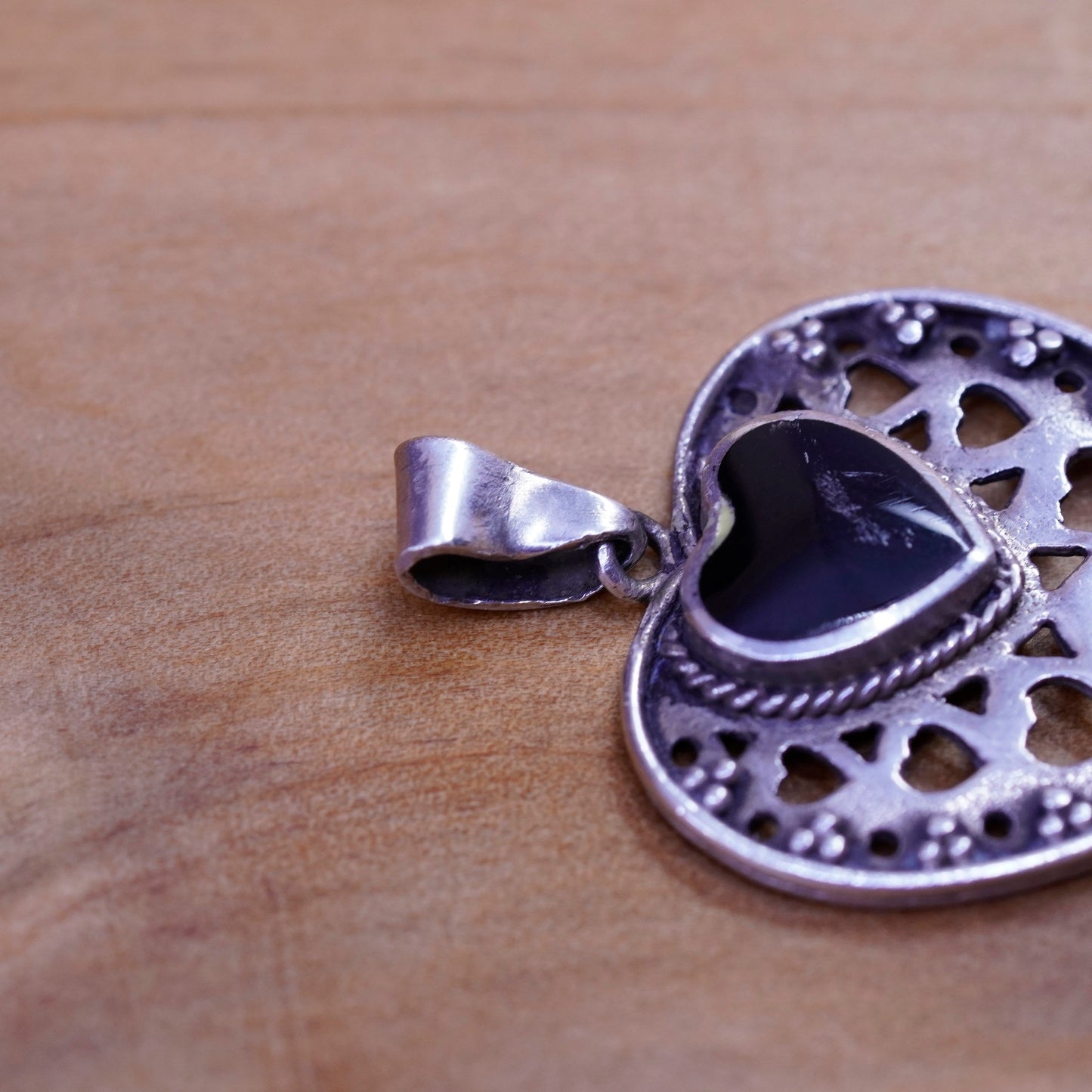 BONA Sterling 925 silver handmade heart pendant with obsidian and filigree