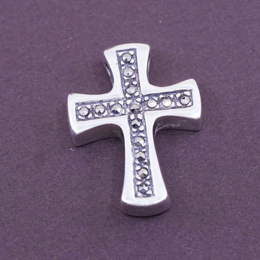 Vintage Sterling silver handmade pendant, solid 925 silver cross with marcasite