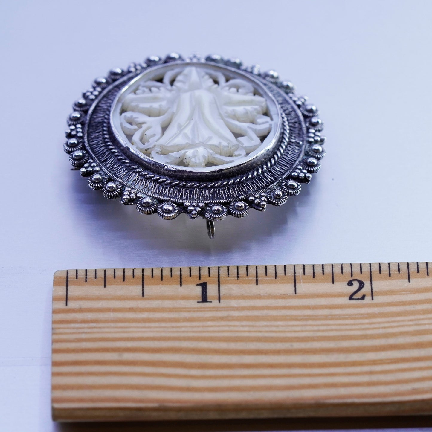 vtg sterling silver brooch, Jerusalem 925 filigree pin mother of pearl flower