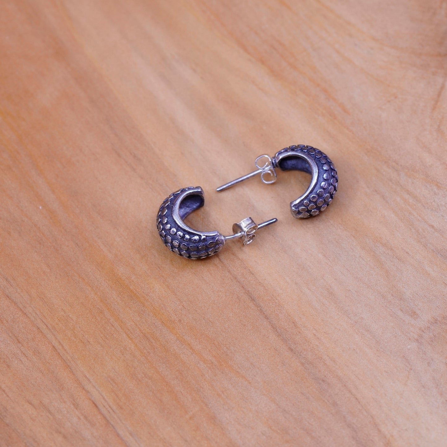 0.5”, vintage Sterling silver handmade earrings, 925 bead textured hoops